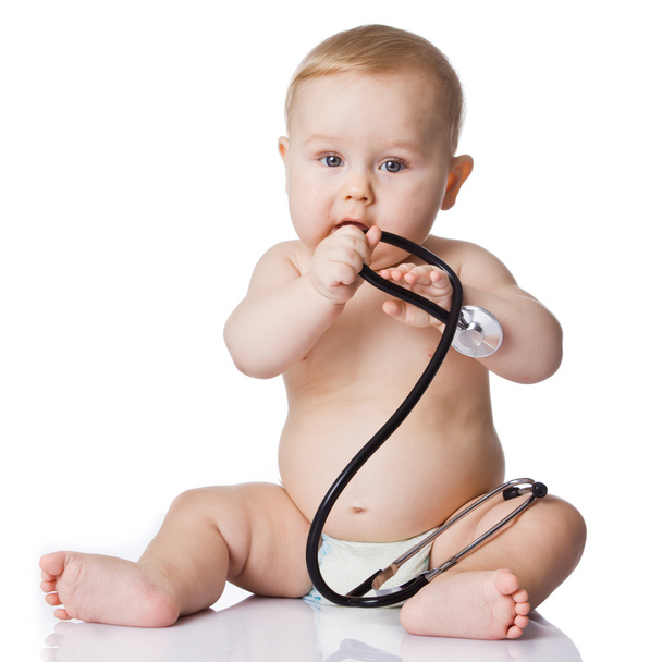 Adorable Baby Boy with stethoscope on white background - Photo, Image
