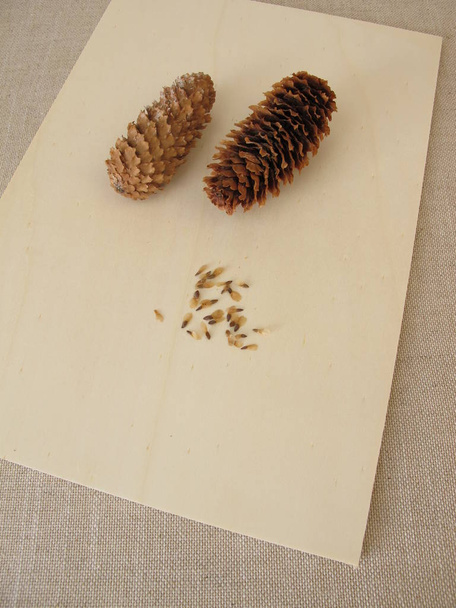 Конусы и семена синей ели на деревянной доске
 - Фото, изображение