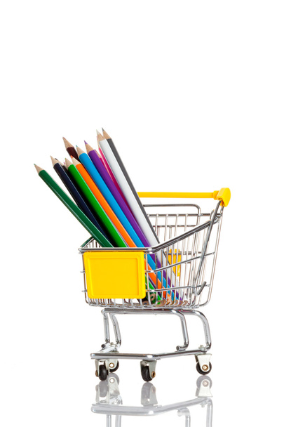 color pencils in shopping cart. - Φωτογραφία, εικόνα