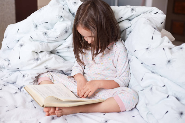 Image of serious preschooler girl reading book in bed, cute kid sitting under blanket with dandelion, darkhaired child reads fairy tale with interest. Early learning and children development concept. - Fotó, kép