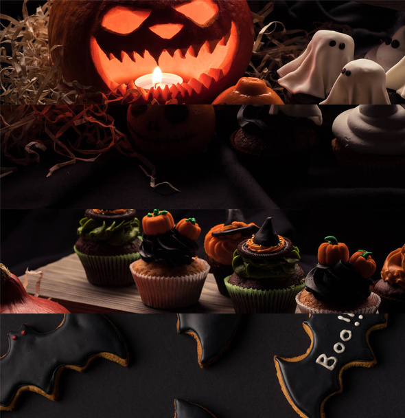 collage of traditional Halloween decoration, bat cookies and cupcakes  - Zdjęcie, obraz