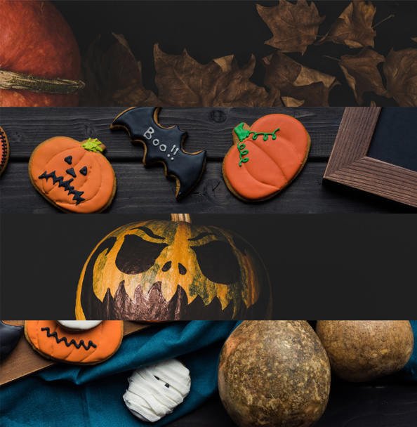 collage of traditional Halloween cookies, pumpkin and autumnal dry leaves - Foto, imagen