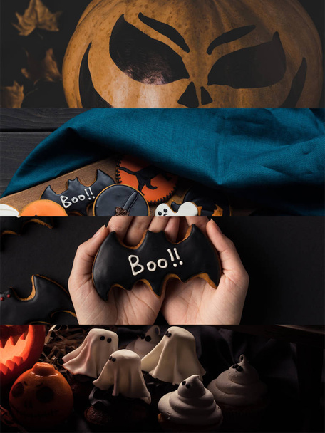 Collage aus traditioneller Halloween-Dekoration und Plätzchen - Foto, Bild