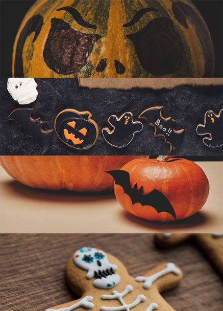 collage of traditional Halloween pumpkins and cookies - Foto, imagen