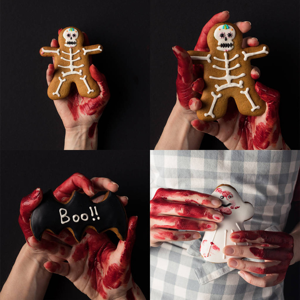 collage of people with bloody hands holding traditional Halloween cookies - Фото, зображення