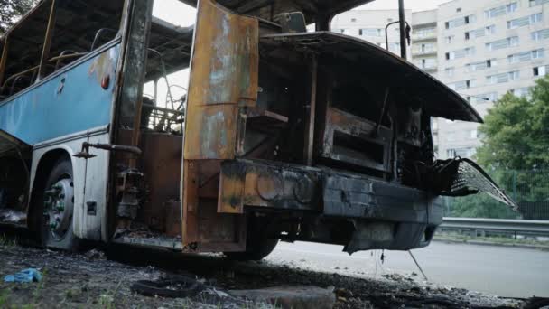 Bus after the fire. Explosion of a bomb in a passenger vehicle. The terrorist act in a bus carrying children. Accident, explosion, set fire. Burnt chairs, broken windows. Human sacrifice. Car accident - Footage, Video