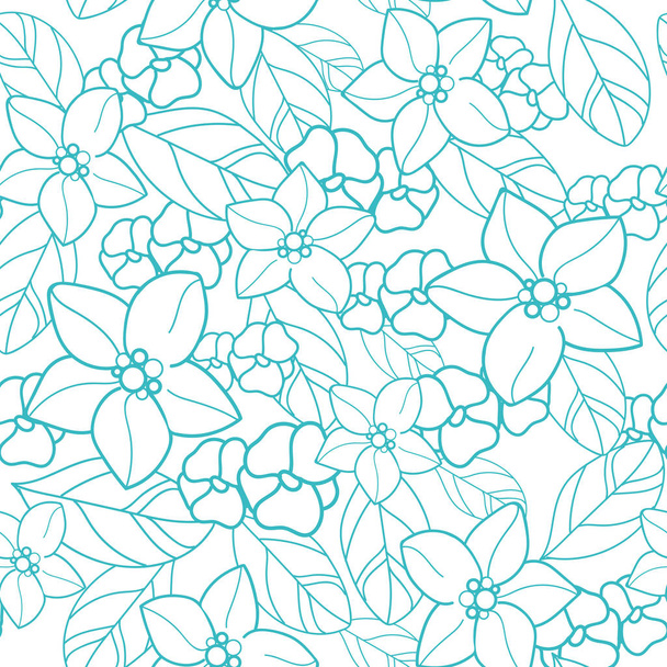 Vector orange blossom seamless pattern with turquoise flowers, leaves, orange slices, white background. Perfect for fabric, scrapbooking, wallpaper projects. - Vector, Image