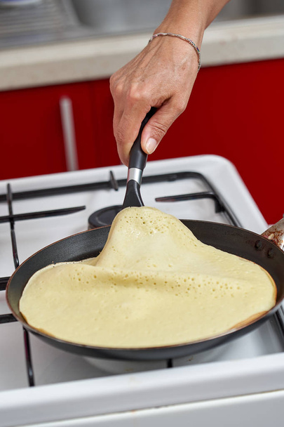 Closeup of preparing american pancakes at home, various framing - Foto, afbeelding