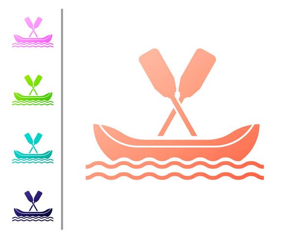 Ikona člunu z korálového Rafta izolovaná na bílém pozadí. Kajaku s lopatkami. Vodní sporty, extrémní sporty, dovolená, dovolená, týmová budova. Nastavte barevné ikony. Vektorová ilustrace - Vektor, obrázek