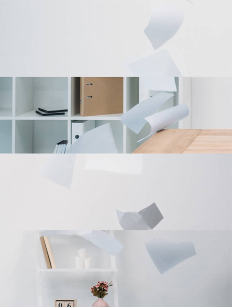 collage of paper in air in modern white office - Photo, Image