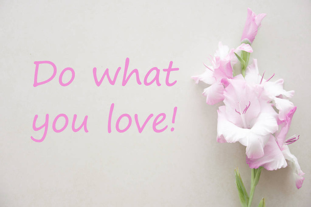 Csináld, amit szeretsz-motivációs és inspiráló quotespostcard rózsaszín Gladiolus - Fotó, kép