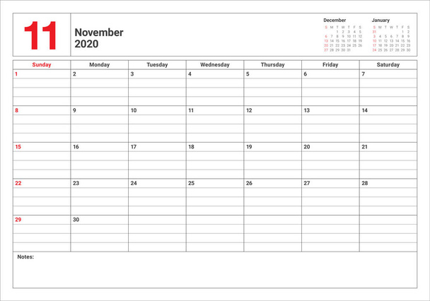 Листопад 2020 Таблиця календаря Векторні ілюстрації
 - Вектор, зображення