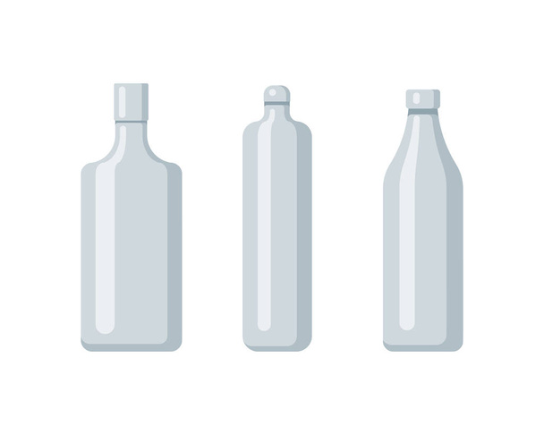 Πλαστικό σετ μπουκάλι σχέδιο επίπεδο λαδιού και ποτού. Σετ δοχεία διαφορετικών ικανοτήτων μεγάλο μικρό απόβαρο. - Διάνυσμα, εικόνα