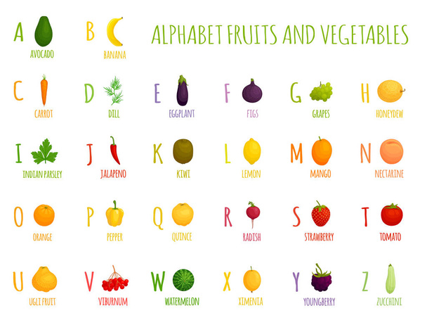 Vector alphabet with fruits and vegetables. Letters for children. To study the letters and names of different foods. - Vektor, kép