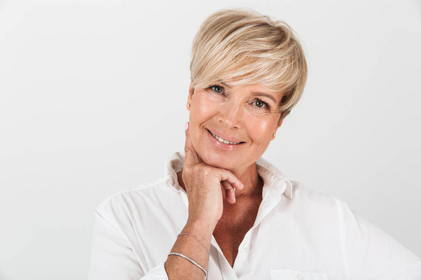 Portrait closeup of beautiful adult woman with short blond hair  - Foto, afbeelding