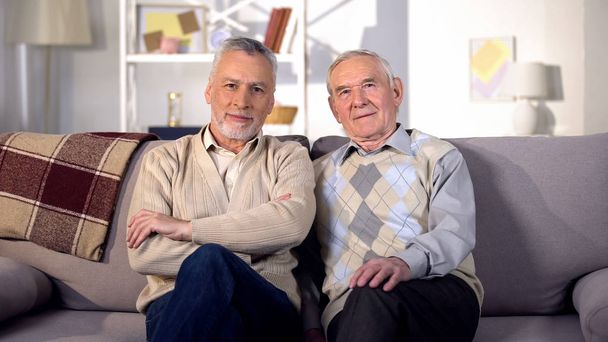 Two satisfied gentlemen sitting home sofa looking camera, social support pension - Fotoğraf, Görsel