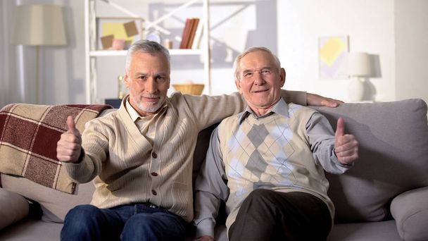 Smiling old friends sitting on sofa at home showing thumbs up, pension reform - Fotoğraf, Görsel
