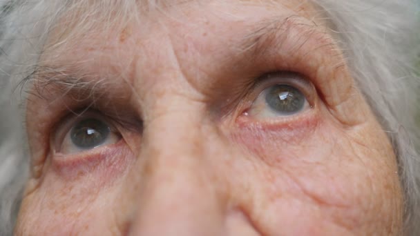 Yaşlı kadının gözleri bir taraftan diğeryana hareket ediyor ve sonra kameraya bakıyor. Etraflarında kırışıklıklar olan yaşlı bir bayanın gözleri. Yavaş hareketi kapat - Video, Çekim
