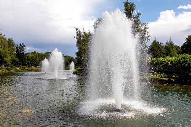 Pond with water jets of a fountain in a summer park lit by sunlight with a cloudy sky. - Valokuva, kuva