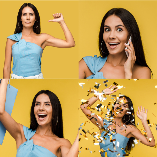Collage einer brünetten Frau, die verschiedene Emotionen zeigt, isoliert auf gelb - Foto, Bild