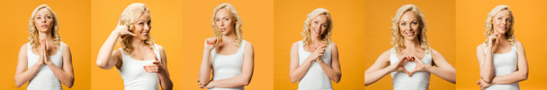collage of blonde beautiful young woman showing various emotions and gestures isolated on yellow - Photo, Image