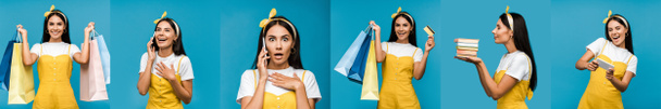 kolaż kobiety brunetka za pomocą smartfona, trzymając torby na zakupy i pokazując różne emocje izolowane na niebiesko - Zdjęcie, obraz