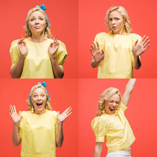 Collage einer blonden schönen jungen Frau im Retro-Outfit, die verschiedene Emotionen und Gesten zeigt, isoliert auf Rot - Foto, Bild