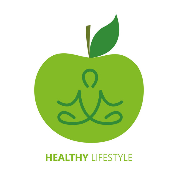 estilo de vida saludable persona en pose de yoga y manzana verde
 - Vector, imagen