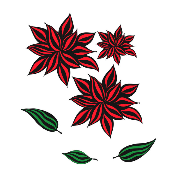 Lilies. Flowers. Dahlia. Bouquet. Floral background. Green leaves. Red. White. Plant hand drawn illustration. Vector. Isolated. - Вектор, зображення