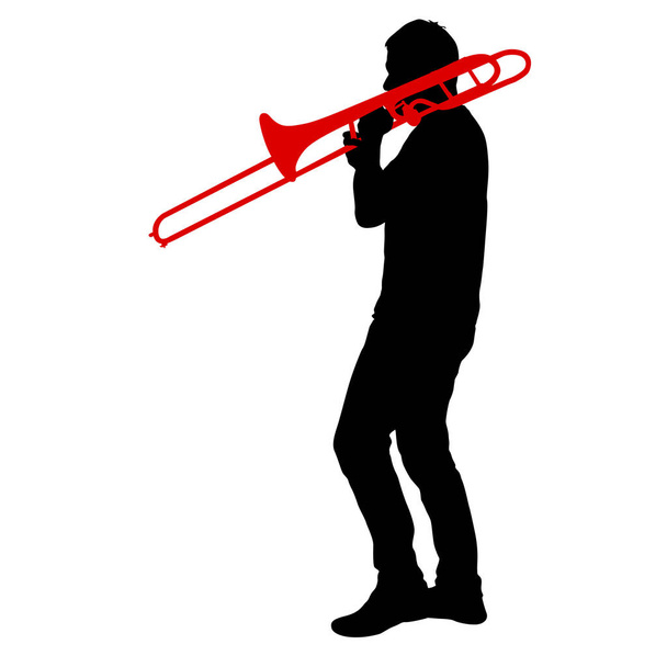 Silhouet van muzikant die trombone speelt op een witte achtergrond - Vector, afbeelding
