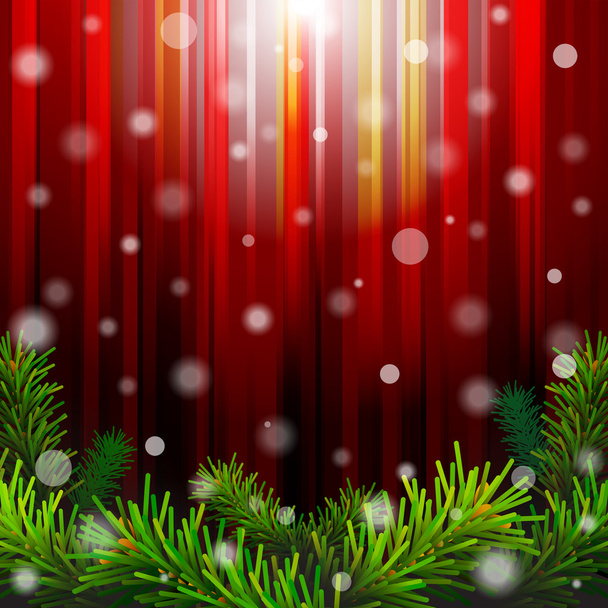 Natal fundo vermelho com ramos de pinho contra a iluminação
 - Vetor, Imagem