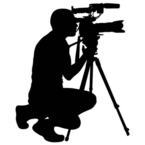 Cameraman with video camera. Silhouettes on white background - Vecteur, image