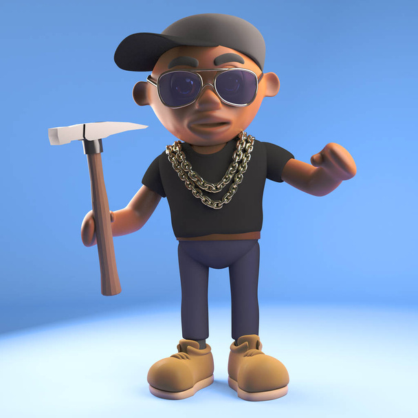 Cartoon 3D fekete hiphop rapper karakter gazdaság kalapács, 3D illusztráció - Fotó, kép