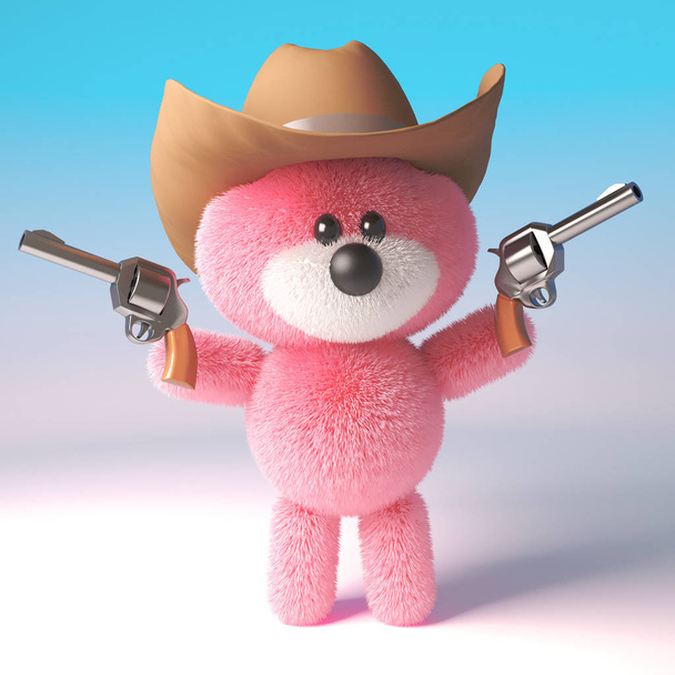 personnage d'ours en peluche rose dessin animé 3d habillé comme un cow-boy avec des pistolets et stetson chapeau, illustration 3d
 - Photo, image