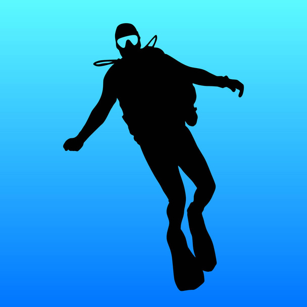 Musta siluetti sukeltajat sinisellä pohjalla
 - Vektori, kuva