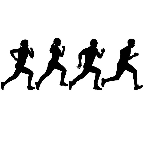 Set of silhouettes. Runners on sprint men and women - Vector, Image