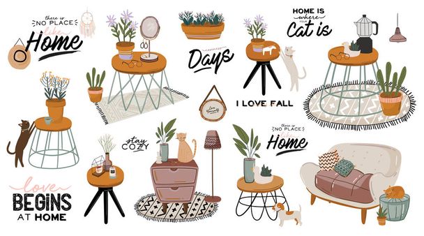 Stylish Scandic living room interior - sofa, armchair, coffee table, plants in pots, lamp, home decorations. Cozy Autumn season. Modern comfy apartment furnished in Hygge style. Vector illustration - ベクター画像