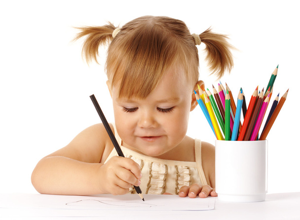 Cute child draw with color pencils - Zdjęcie, obraz