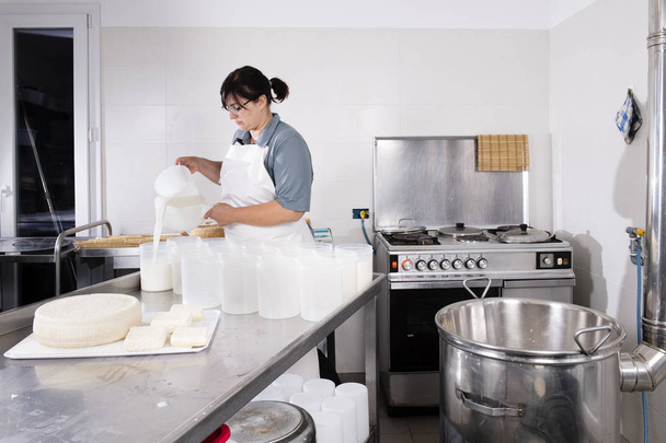 Cheesemaker pours the curdled milk into the plastic forms - Fotografie, Obrázek