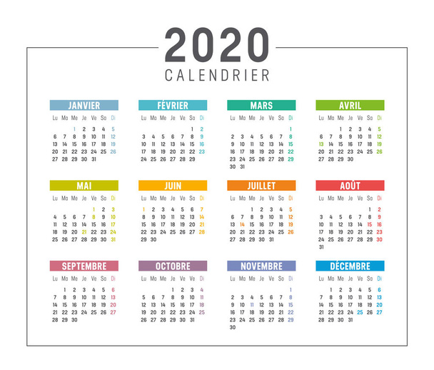 Kalendář roku 2020 ve francouzštině - Vektor, obrázek