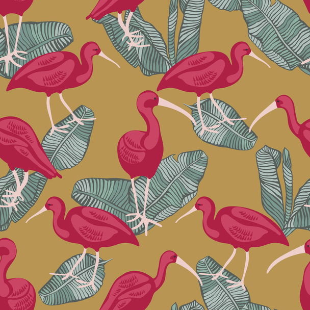 Ibis écarlate sur banane laisse sans couture vecteur fond tropical pour les projets de tissu, papier peint, décor à la maison
. - Vecteur, image