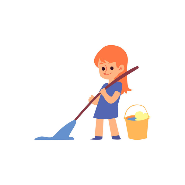 Cartoon child holding broom and mop cleaning the floor. - Διάνυσμα, εικόνα