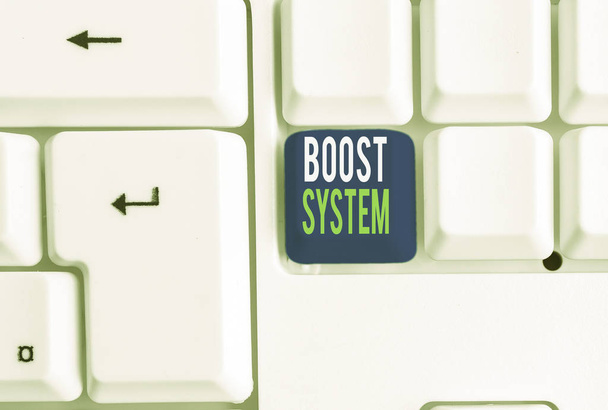 Word writing text Boost System. Business concept for Rejuvenate Upgrade Strengthen Be Healthier Holistic approach White pc keyboard with empty note paper above white background key copy space. - Photo, Image