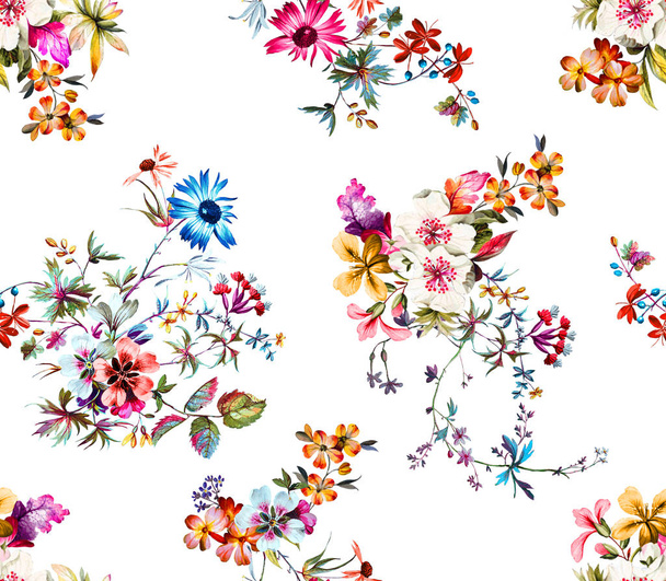 Seamless colored flowers for textile; Retro style floral arrangement, vintage style with white background. - Foto, Imagem