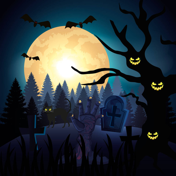 keze zombi a sötét éjszakában és a Halloween jelenet - Vektor, kép
