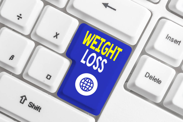 Writing note showing Weight Loss. Business photo showcasing Decrease in Body Fluid Muscle Mass Reduce Fat Dispose Tissue White pc keyboard with note paper above the white background. - Photo, Image