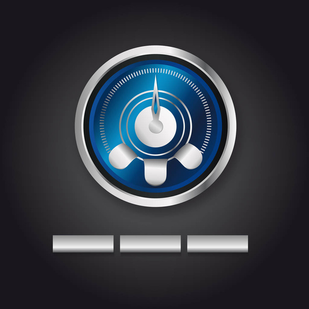 Vector design of silver indicator on black background. Blue metal color. 3D effect. Silver buttons. Speedmeter - Vettoriali, immagini
