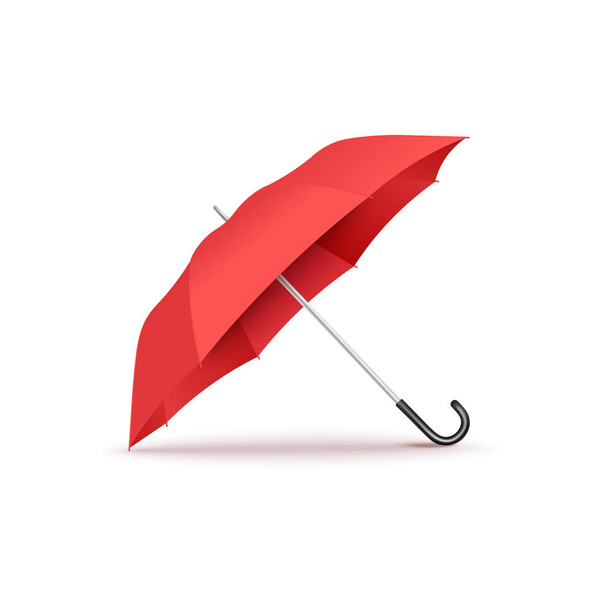 Realistic red open umbrella with curved black handle lying on its side - ベクター画像