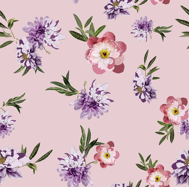 Seamless floral pattern. Vintage flowers on pink background. Wallpaper. Blooming realistic flowers. - Photo, image