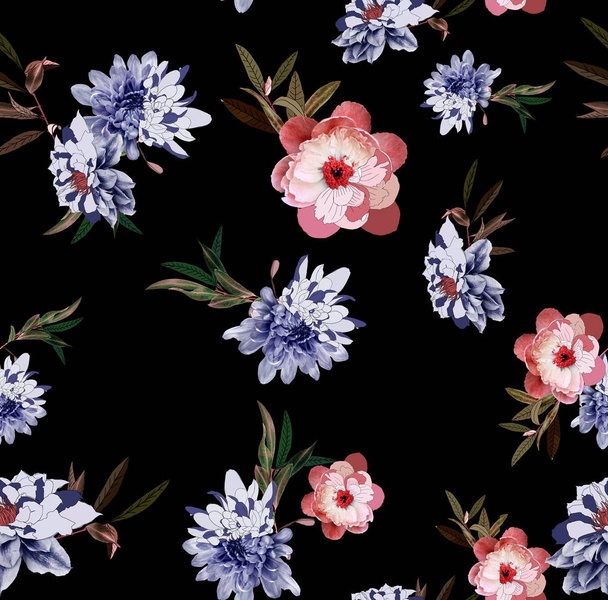 Seamless floral pattern. Vintage flowers on black background. Wallpaper. Blooming realistic isolated flowers. - Fotoğraf, Görsel